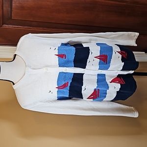 BRECKENRIDGE SWEATER BUTTON DOWN SAILBOATS LAKE S SMALL BLUE RED WHITE